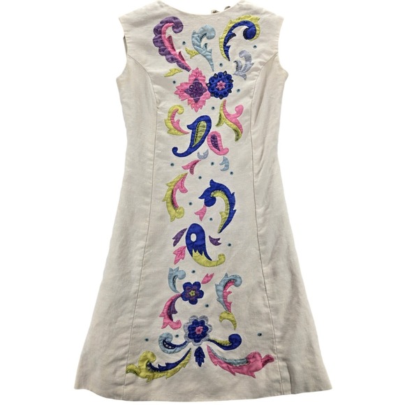 Vintage 50s Moygashel Irish Linen Embroidered Floral Ivory Multicolor Dress S 4